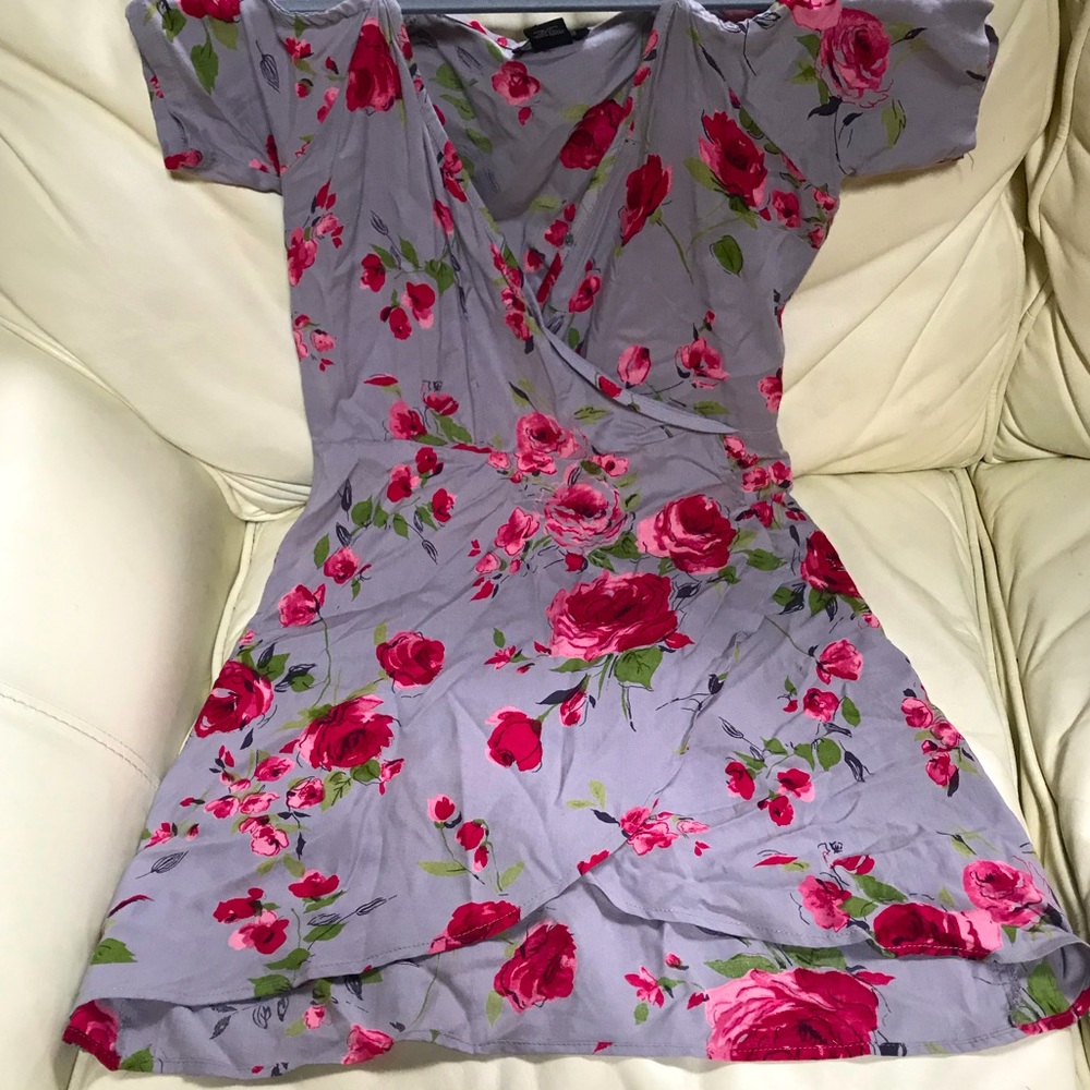 Grey floral faux wrap dress